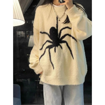 Готически бял пуловер Deeptown Дамски ретро плетен джъмпер Корейска мода Извънгабаритни Streetwear Spider Knitwear Harajuku Preppy