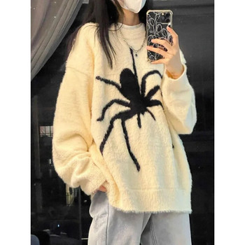 Готически бял пуловер Deeptown Дамски ретро плетен джъмпер Корейска мода Извънгабаритни Streetwear Spider Knitwear Harajuku Preppy