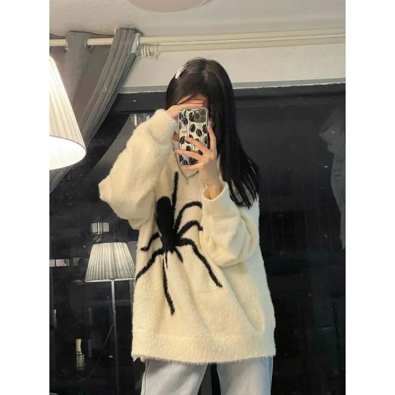 Deeptown γοτθικό λευκό πουλόβερ Γυναικείο Vintage πλεκτό πουλόβερ Κορεατικής μόδας Υπερμεγέθη Streetwear Spider Knitwear Harajuku Preppy