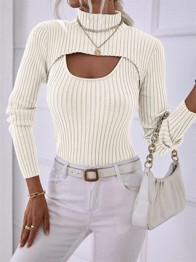 wsevypo Sieviešu trikotāžas divdaļīgs džemperu komplekts Rudens biroja sieviešu apģērbs ar augstu kakla izgriezumu ar garām piedurknēm Crop + rievotas sling Veste trikotāža