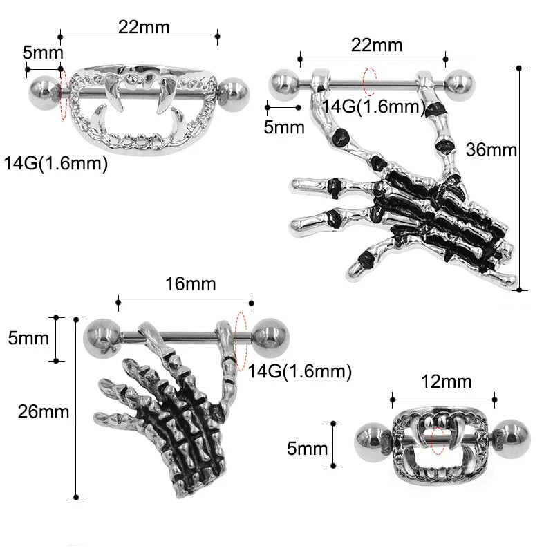 Jeftine, velike, male, nove divlje lubanje vampira u obliku bradavica Mješovite veličine naušnice s utegom za piercing, modni nakit
