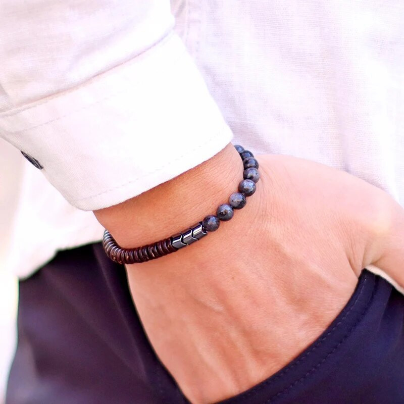 Uus kookoshelmestega käevõru meestele 6 mm looduslik sinine liivakivi tiigrisilmad kivist käevõru Chakra energia käevõru jooga puidust brazalet