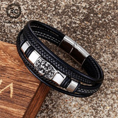 Vintage többrétegű bőr oroszlán karkötő férfi rozsdamentes acél mágneses kiegészítők csuklópánt báj ékszerek kézzel készített férfi ajándékok