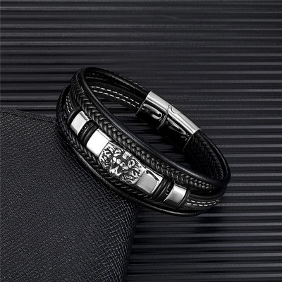 Vintage többrétegű bőr oroszlán karkötő férfi rozsdamentes acél mágneses kiegészítők csuklópánt báj ékszerek kézzel készített férfi ajándékok