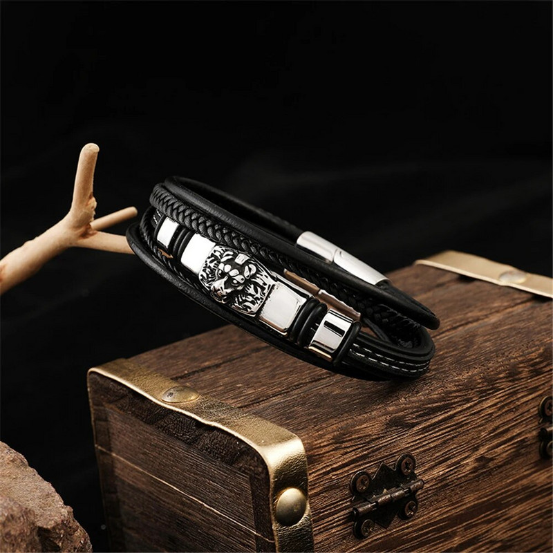 Vintage többrétegű bőr oroszlán karkötő férfi rozsdamentes acél mágneses kiegészítők csuklópánt báj ékszerek kézzel készített férfi ajándékok