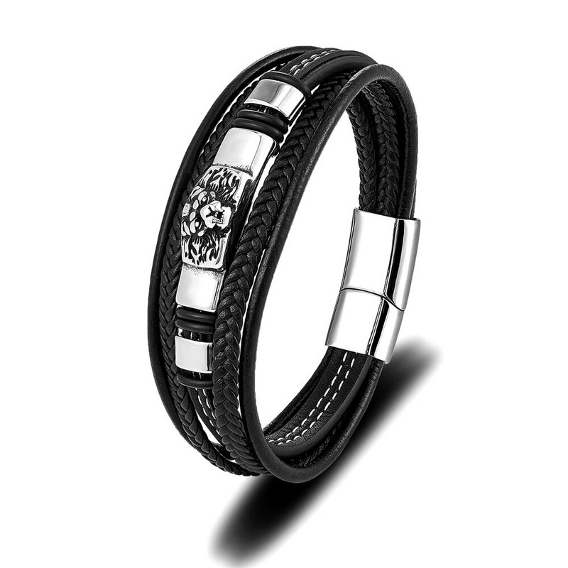 Vintage többrétegű bőr oroszlán karkötő férfi rozsdamentes acél mágneses kiegészítők csuklópánt báj ékszerek kézzel készített férfi ajándékok