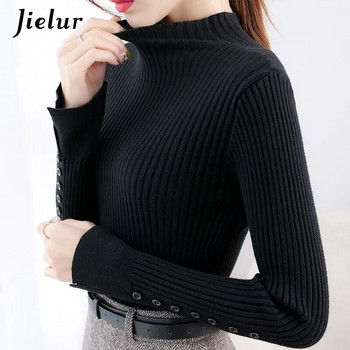 Нов дамски пуловер с полувисока яка, корейски тънък топъл основен трикотаж, есенен кафяв черен пуловер с копчета S-XL