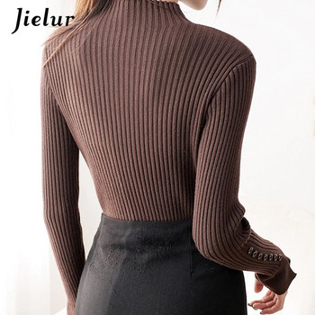 Нов дамски пуловер с полувисока яка, корейски тънък топъл основен трикотаж, есенен кафяв черен пуловер с копчета S-XL