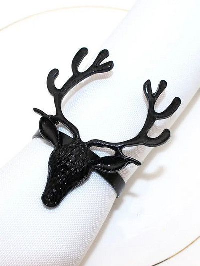 6Gb Melnā brieža galvas salvešu gredzeni Ziemassvētku salvešu gredzenu turētāji Ziemeļbrieža salvešu sprādze Helovīna vakariņām kāzu galds