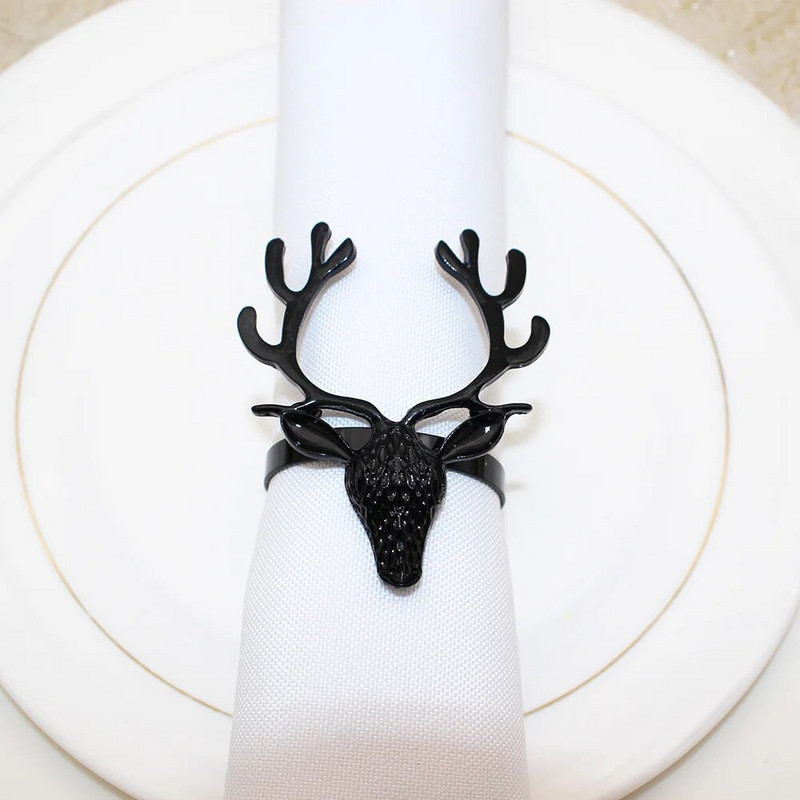 6Gb Melnā brieža galvas salvešu gredzeni Ziemassvētku salvešu gredzenu turētāji Ziemeļbrieža salvešu sprādze Helovīna vakariņām kāzu galds