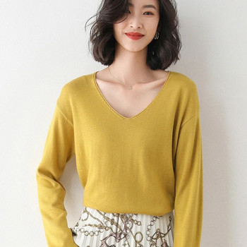 Дамски пуловер Есен Зима Едноцветен трикотаж Корейска мода V-образно деколте Долни ризи Базови ежедневни джъмпери Разтегливи плетени пуловери