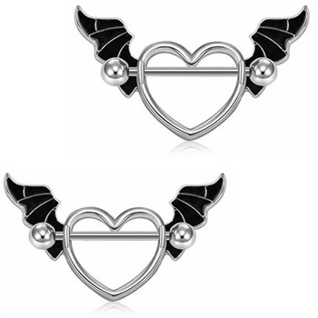 2 τμχ Αξεσουάρ κοσμήματος Piercing θηλής από ανοξείδωτο ατσάλι Sexy Black Wings Hearts Brease Rings για γυναίκες