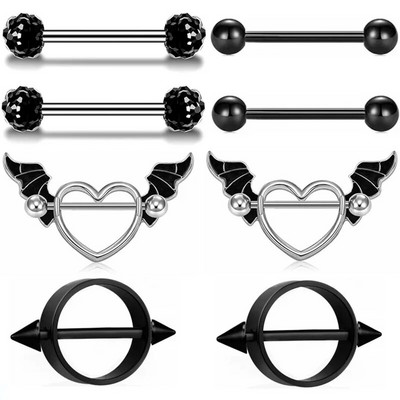 2 buc. Piercing mamelon din oțel inoxidabil, aripi negre sexy, inimi, inele pentru sâni pentru femei, piercing pentru corp, accesoriu de bijuterii