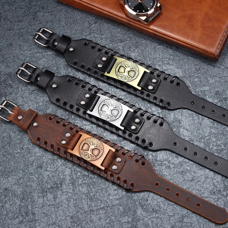 Σχεδιασμός Toten Nordic Viking Odin Yggdrasil βραχιόλι για ανδρικό υφαντό φαρδύ δερμάτινο βραχιολάκι Ρυθμιζόμενο βραχιόλι Punk κοσμήματα