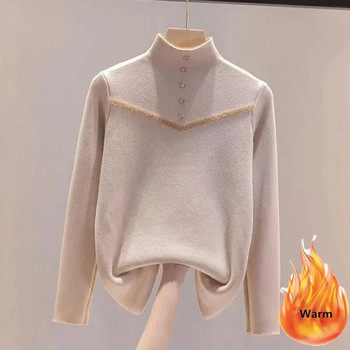 Дамски пуловер с висока яка и плюшена подплата Зимен ежедневен удебелен топли плетени топове Корейски тънък пуловер Мек трикотаж