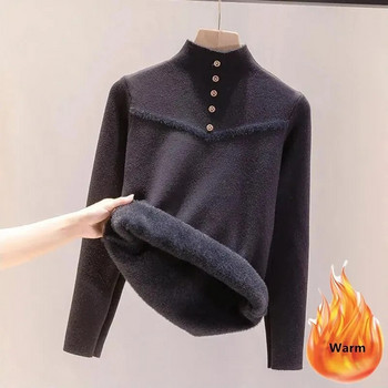 Γυναικείο πουλόβερ με βελούδινη επένδυση χειμωνιάτικο, χοντρό, ζεστό πλεκτό μπλουζάκι Κορεάτικο λεπτό πουλόβερ μαλακό πλεκτό πουλόβερ