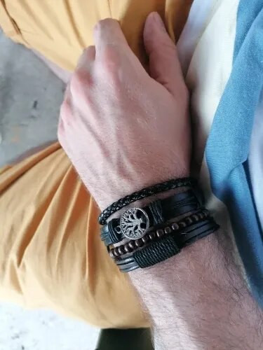 Vnox 4Pcs/ Σετ ανδρικά βραχιόλια Tree of Life, Δερμάτινο βραχιόλι σε μαύρο στρώμα