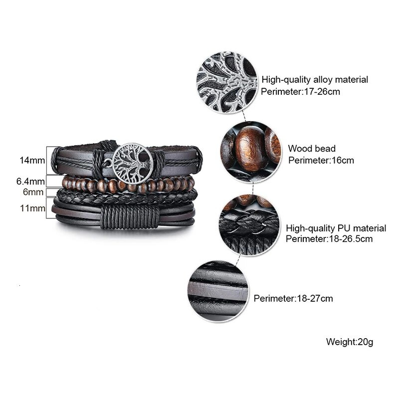 Vnox 4Pcs/ Σετ ανδρικά βραχιόλια Tree of Life, Δερμάτινο βραχιόλι σε μαύρο στρώμα