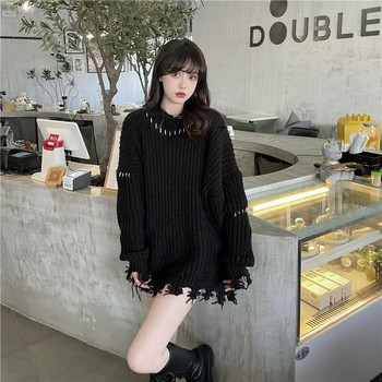 Черен скъсан пуловер Deeptown Дамски ретро плетен джъмпер Корейски моден трикотаж Goth Streetwear Oversize Aesthetic Streetwear