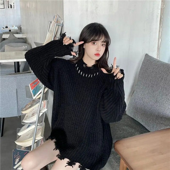 Deeptown μαύρο σχισμένο πουλόβερ Γυναικεία Vintage πλεκτά jumper Κορεατικά πλεκτά μόδας Goth Streetwear Oversize Αισθητικά Streetwear