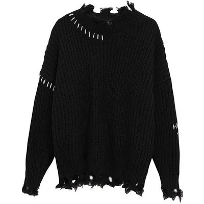 Deeptown Pulover rupt negru Femei Pulover tricotat vintage Tricoturi de modă coreeană Goth Streetwear Oversize Estetic Streetwear