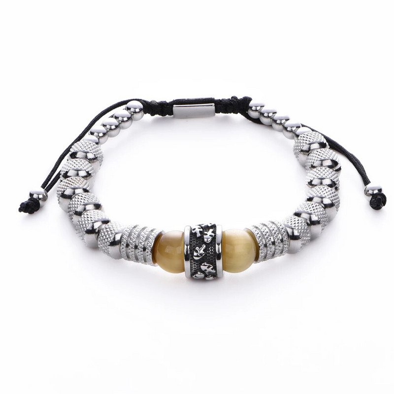 Csontváz férfi karkötő rozsdamentes acél kézzel készített kötél karkötők férfi koponya karkötők Tigereye természetes kő ajándék kiegészítőkkel