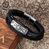 Skandināvu daudzslāņu ādas kompass rokassprādzes vīriešiem vikingi nerūsējošā tērauda aksesuāri aproce vintage rotaslietas ar rokām darinātas vīriešu dāvanas