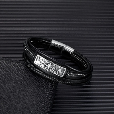 Skandināvu daudzslāņu ādas kompass rokassprādzes vīriešiem vikingi nerūsējošā tērauda aksesuāri aproce vintage rotaslietas ar rokām darinātas vīriešu dāvanas