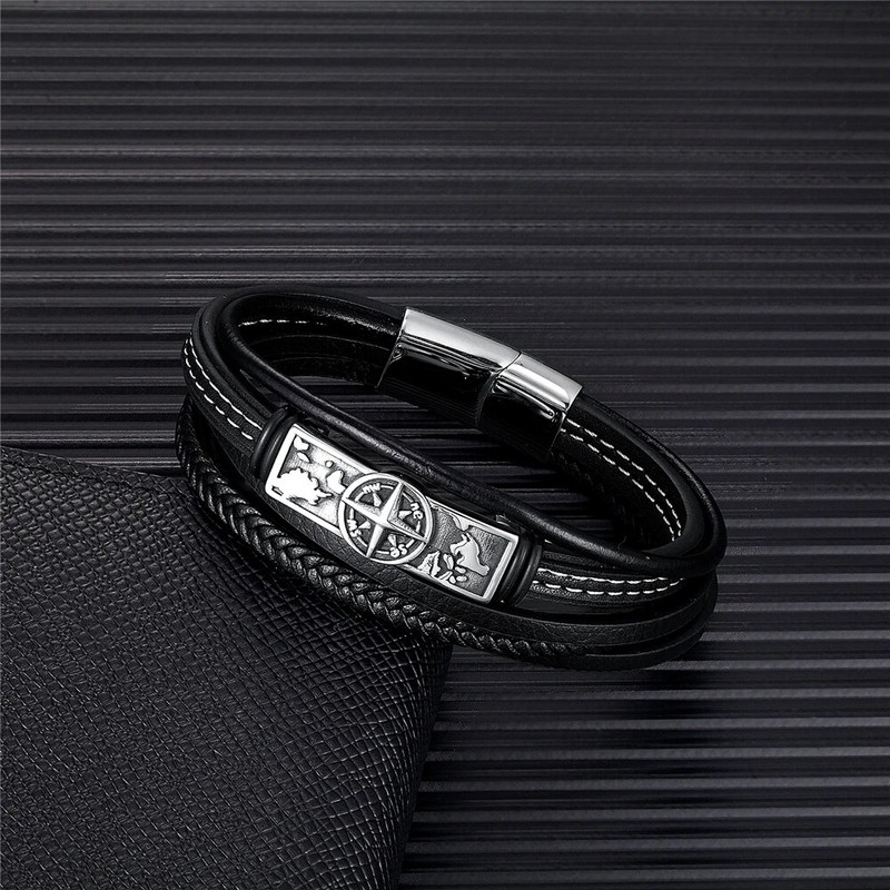 Skandināvu daudzslāņu ādas kompass rokassprādzes vīriešiem vikingi nerūsējošā tērauda aksesuāri aproce vintage rotaslietas ar rokām darinātas vīriešu dāvanas