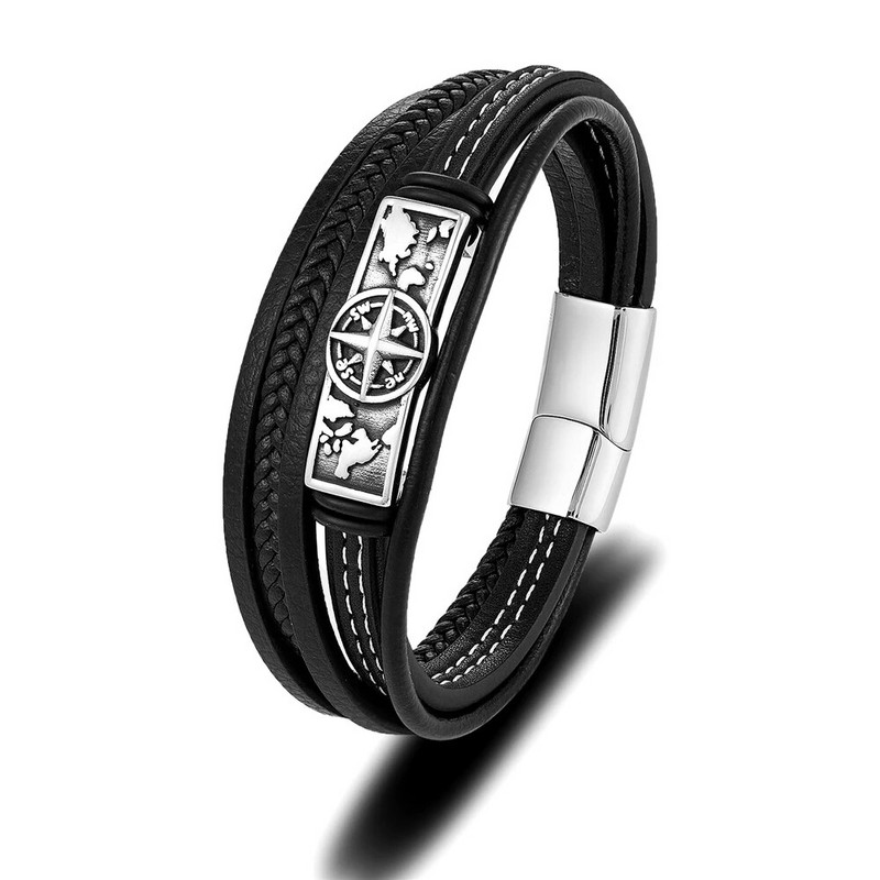 Skandināvu daudzslāņu ādas kompass rokassprādzes vīriešiem vikingi nerūsējošā tērauda aksesuāri aproce vintage rotaslietas ar rokām darinātas vīriešu dāvanas
