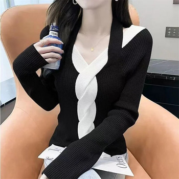 Φθινόπωρο Χειμώνας 2023 Νέα γυναικεία πλεκτά πανωφόρια Μοντέρνα σέξι μπλούζα με ανοιχτό ώμο Γυναικεία ελαστική λεπτή μακρυμάνικη πουλόβερ