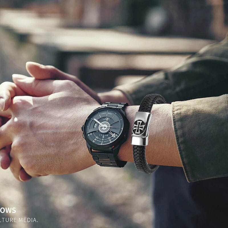 Tippkvaliteediga mähisega punutud nahast roostevabast terasest ristkäevõru meestele Magnetpandlaga peoaksessuaarid Punk-käevõru ehted