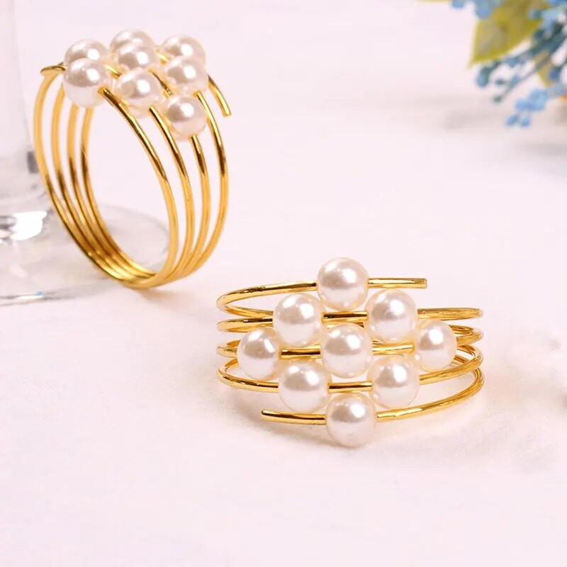 4gab Elegant Pērļu salvešu gredzeni Zelta kristību rokassprādze Metāla salvešu turētājs Kāzu dāvana Līgavas dušas dekors ballītes piederumi