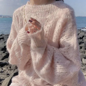 Розов пуловер с издълбан пуловер Дамски корейски тънък трикотаж с О-образно деколте с дълъг ръкав Дамски есенен мързелив стил 2023 г. Сладко свободно плетено горнище