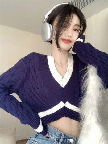 Корейски моден раиран пуловер Deeptown Harajuku Retro Oversize Jumper Kpop V-образно деколте Ежедневни плетива Y2K Top Grunge