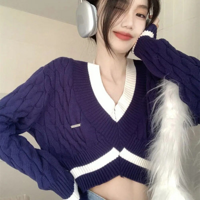 Deeptown korejiešu modes svītrains apgriezts džemperis Sieviešu Harajuku Retro liela izmēra džemperis Kpop V veida kakla izgriezums, ikdienas trikotāža Y2K augšējā grunge