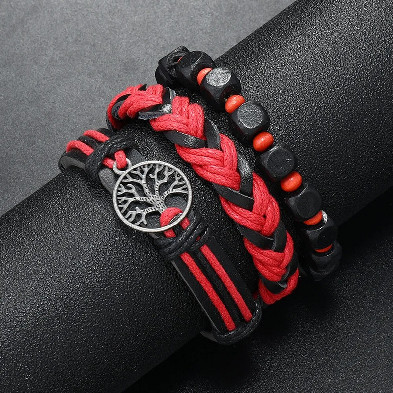 3 τεμάχια/ Σετ ανδρικά βραχιόλια με πλεκτό περιτύλιγμα για άνδρες Vintage Life Tree Rudder Charm Ξύλινες χάντρες Ethnic Tribal βραχιόλι με σχοινί