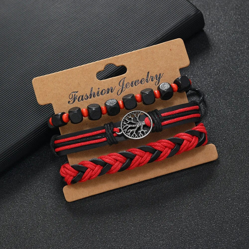 3 τεμάχια/ Σετ ανδρικά βραχιόλια με πλεκτό περιτύλιγμα για άνδρες Vintage Life Tree Rudder Charm Ξύλινες χάντρες Ethnic Tribal βραχιόλι με σχοινί