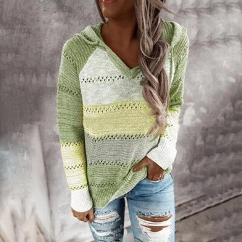 Пуловер с качулка 2023 Есен/Зима Пуловер с кука на цветя Дамски трикотаж Свободен пуловер с контрастен цвят Дамски