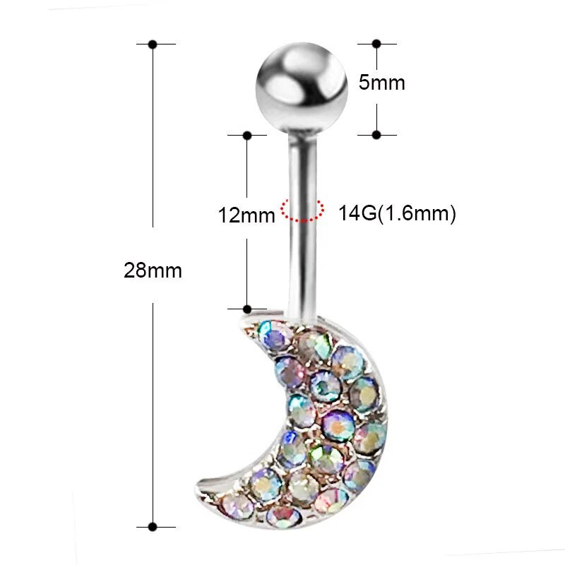 Skaidraus cirkonio mėnulio pakabukas moteriškas ilgas kabantis pilvo sagos žiedas su mėnulio kubiniu cirkonio oksidu 316L chirurginio plieno bambos žiedas