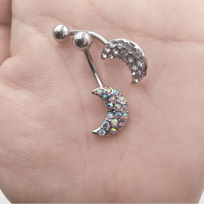 Skaidraus cirkonio mėnulio pakabukas moteriškas ilgas kabantis pilvo sagos žiedas su mėnulio kubiniu cirkonio oksidu 316L chirurginio plieno bambos žiedas