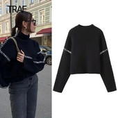 TRAF džemperis Sieviešu rudens trikotāžas džemperis ar garām piedurknēm džemperis ar apkakli Korejas stila jauns trikotāžas apģērbs, modes sieviešu puloveri