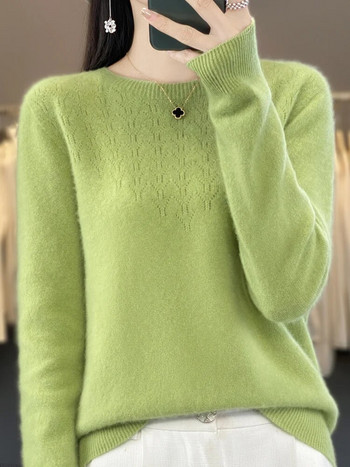 Дамски есенен пуловер с дълъг ръкав, пуловер с О-образно деколте, 100% мериносова вълна, куха ежедневна долна част, кашмирен трикотаж, дамско облекло, основно