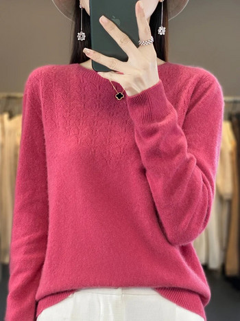 Дамски есенен пуловер с дълъг ръкав, пуловер с О-образно деколте, 100% мериносова вълна, куха ежедневна долна част, кашмирен трикотаж, дамско облекло, основно