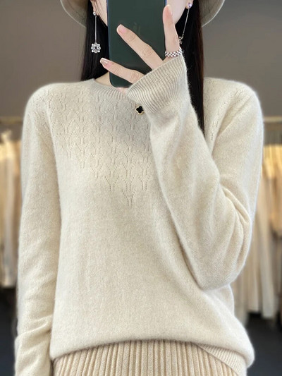 Ženski jesenski pulover dugih rukava Pulover s O-izrezom 100% merino vuna, šuplji ležerni donji dio, pletivo od kašmira Ženska odjeća Basic