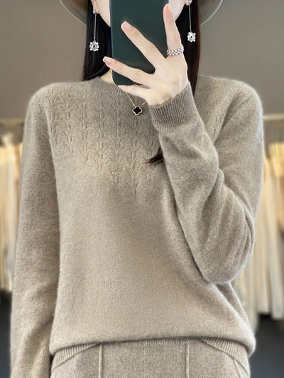 Ženski jesenski pulover dugih rukava Pulover s O-izrezom 100% merino vuna, šuplji ležerni donji dio, pletivo od kašmira Ženska odjeća Basic