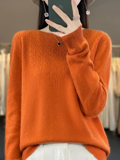 Ženski jesenski pulover dugih rukava Pulover s O-izrezom 100% merino vuna, šuplji ležerni donji dio, pletivo od kašmira Ženska odjeća Basic