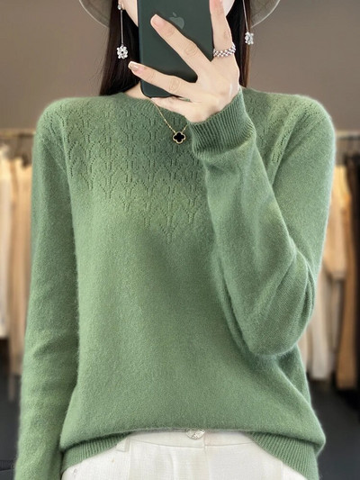 Ženski jesenski pulover dugih rukava Pulover s O-izrezom 100% merino vuna, šuplji ležerni donji dio, pletivo od kašmira Ženska odjeća Basic