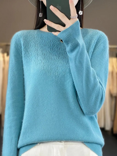 Ženski jesenski pulover dugih rukava Pulover s O-izrezom 100% merino vuna, šuplji ležerni donji dio, pletivo od kašmira Ženska odjeća Basic
