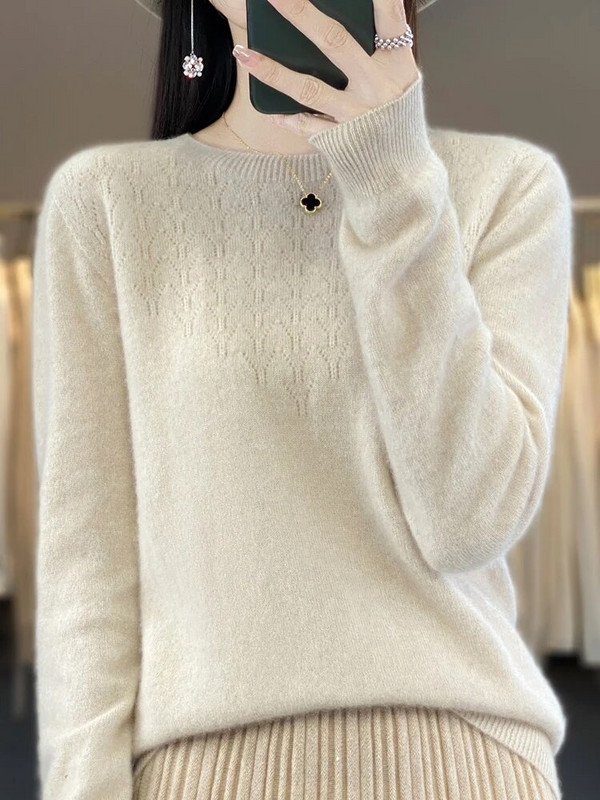 Sieviešu rudens džemperis ar garām piedurknēm, džemperis ar O veida kakla izgriezumu, 100% merino vilnas dobs ikdienišķs apakšējais kašmira trikotāža Sieviešu pamata apģērbs